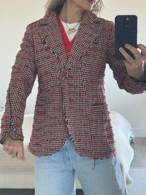 Free People Red and Black Houndstooth Tweed Blazer